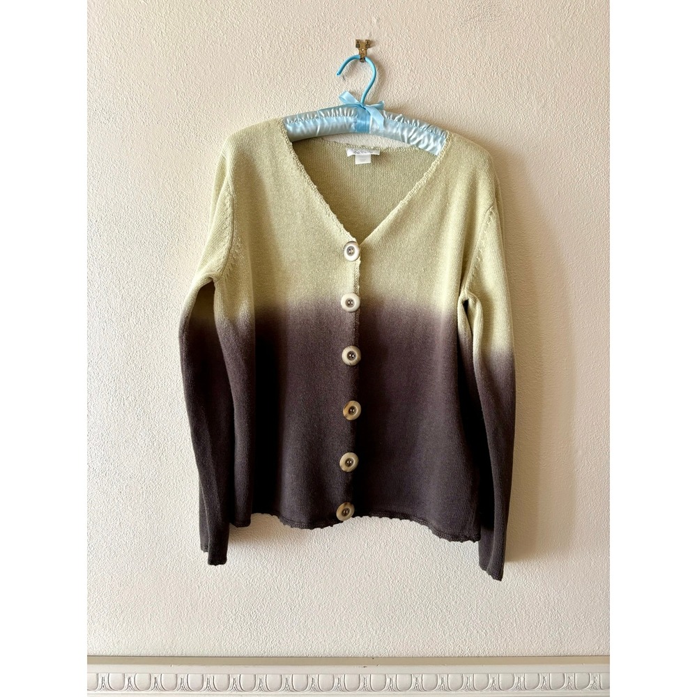 Vintage Christopher Banks Ombre Cardigan Sweater Green Brown L Ramie Cotton Y2K